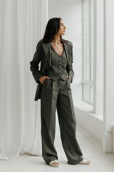 Khaki Green Linen 3-piece matching suit straight Jacket, Vest and Palazzo Pants.Summer formal pants suit.Women's suit with vest and blazer. MATERIAL: Natural linen with the addition of cotton: 90% linen, 10% cotton. COLOURS: Kelly Green, Beige, Black, Lemon, Hot Pink, White WE OFFER TO UNPACK SUIT IN DIFFERENT SIZES Blaze and Pants (see the Variations) SIZES-LENGTH: XS size: Blazer-65cm, Sleeves-60cm, Pants-108cm S size: Blazer-67cm, Sleeves-61cm, Pants-109cm M size: Blazer-69cm, Sleeves-62cm, P Women's Vests And Pants, Professional Dress Code Women, Womens Tuxedo Outfit Wedding Plus Size, Vest Outfits For Women Wedding, Oversized Suit Women Outfit, Women Suit With Tie, Best Woman In Wedding Outfit Suit, Women’s Formal Suit, Sewing Suits For Women