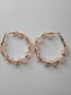 Gold light pink beaded hoop earrings. Adjustable Crystal Earrings With Faceted Beads, Elegant Party Hoop Earrings With Faceted Beads, Trendy Pink Hoop Earrings With Round Beads, Hoop Jewelry With Faceted Beads, Gold Hoop Earrings With Faceted Beads, Pink Beaded Hoop Jewelry, Pink Hoop Beaded Earrings, Party Hoop Jewelry With Faceted Beads, Gift Hoop Earrings With Faceted Beads