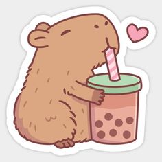 a brown bear drinking from a cup with a straw