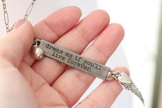 This is a collection of 10 of our bestselling inspirational quote necklaces, 1 each of 10 different quotes. Quote necklaces are on a 32" long silver plated filigree or rolo chain, each quote pendant is 2" long and has 2 charms (will vary from photo). Everyday Meaningful Nickel-free Charm Necklaces, Inspirational Charms Jewelry For Anniversary, Inspirational Pendant Charm Necklaces For Everyday, Meaningful Nickel-free Pendant Charm Necklace, Inspirational Personalized Sterling Silver Charm Necklace, Personalized Inspirational Sterling Silver Charm Necklace, Meaningful Hand Stamped Sterling Silver Charm Necklace, Meaningful Hand Stamped Sterling Silver Charm Necklaces, Inspirational Nickel-free Pendant Necklace