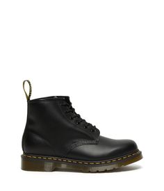 The Dr. Martens® 101 Yellow Stitch boots embodies all the classic clean lines, standout stitching, and edgy attitude of the vintage utilitarian work boot, but in a lower-cut design and a smooth leather construction..Lace-up boots have a smooth leather construction made of a firm, finished leather with a smooth, semi-bright appearance..Six-eyelet boot with sturdy fabric laces for a secure fit..Features classic Doc's DNA including grooved edges, a yellow welt stitch, and a scripted heel loop..Goodyear® welt provides both durability and flexibility..Breathable textile lining..Cushioned insole for long-lasting underfoot support..Air-cushioned rubber outsole is oil, fat, acid, petrol, alkaline resistant and has excellent slip and abrasion resistance..Imported..Product measurements were taken us Classic Winter Work Boots With Reinforced Toe, Classic Martin Boots With Leather Footbed For Winter, Classic Steel Toe Waterproof Ankle Boots, Classic Martin Boots With Reinforced Heel For Fall, Classic Martin Boots With Rubber Sole For Winter, Classic Martin Boots With Reinforced Heel For Winter, Classic Fall Martin Boots With Reinforced Heel, Classic Winter Martin Boots With Reinforced Heel, Classic Winter Martin Boots With Rubber Sole