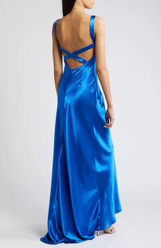 Lulus Perfectly Classy Satin Gown | Nordstrom Long Blue Silk Dress, Blue Ball Dress, Satin Gown Designs, Blue Ball Dresses, Royal Blue Satin Dress, Event Look, Hoco Ideas, School Dance Dresses, Junior Prom