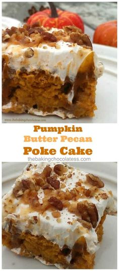 pumpkin butter pecan poke cake on a white plate