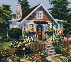 a painting of a house with flowers and bushes around it