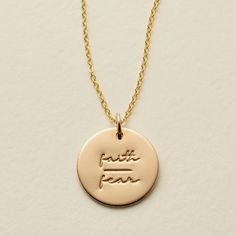 Faith over Fear Disc Necklace | Made by Mary Words Of Courage, Stamp Jewelry, Gold Bar Necklace Personalized, Faith > Fear, Made By Mary, Spirit Of Fear, Necklace Quotes, Dainty Choker, Gold Bar Necklace