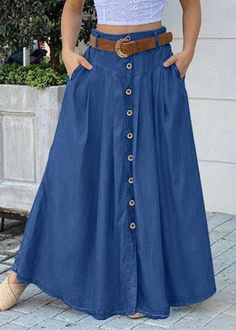 Women Solid Color Bottom Front Loose Casual Long Skirt With Pocket - SooLinen Streetwear Skirt, Casual Maxi Skirt, Womens Long Skirt, Long Skirt Casual, Denim Shorts Outfit, Vintage Long Dress, Sundress Casual, Maxi Rok, Rock Outfit