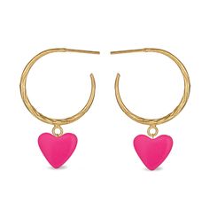 textured mini hoops with heart charms dangling free. 
 ~ 18k gold-plated brass 
 ~ 1" hoops, 1/2" swirl heart charms in resin 
 ~ Each order comes in a velvet pouch in our signature box, perfect for gifting. Pink Heart-shaped Hoop Earrings For Gifts, Pink Heart Charm Hoop Earrings For Valentine's Day, Trendy Heart-shaped Hoop Earrings For Valentine's Day, Valentine's Day Heart-shaped Hoop Earrings, Gold Heart-shaped Hoop Earrings For Valentine's Day, Mini Heart, Heart Charm, Swirl, Lilac