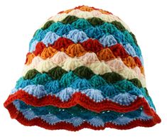 a multicolored crocheted hat is shown