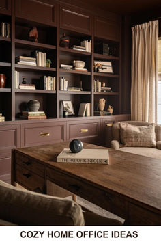 a living room with bookshelves and couches next to a coffee table in front of a window