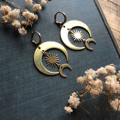 Sun and Moon Brass Earrings Leverbacks Big Earrings | Etsy Brass Sun And Moon Festival Earrings, Celestial Brass Jewelry With Sun Design, Brass Sun And Moon Drop Earrings, Bohemian Brass Earrings With Sun And Moon Design, Sun And Moon Brass Pendant Jewelry, Eyeball Earrings, Agate Slice Necklace, Brass Hoops, Big Earrings