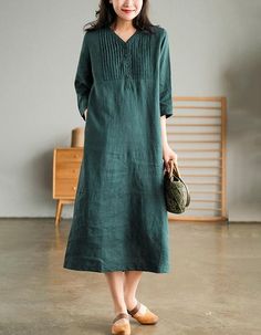 Women's Mid-sleeve Pullover V-neck Linen Dress — Obiono Hemp Dress, Plus Size Summer Fashion, Plain Maxi Dress, Linen Dress Women, Casual Indian Fashion, Linen Fashion, Cotton Linen Dresses, Suits Design, High Waist Dress