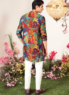 Introducing the Enchanted Forest Printed Kurta , an ideal ensemble for Mehendi and Sangeet. This printed kurta features a various vibrant botanical motifs on a crimson background, bringing an elegant vibe to your celebrations. Buy matching pants to complete the look here. Composition : Organza Satin Care: Dry Clean Only and Vacuum Storage This product can be customized for sleeves, length and colour Delivery : 2-4 weeks as the product is hand crafted. Check Size Guide or choose MySize for free customisation (All Sizes above XL can be made at 15% additional cost) For more information and sizes please contact fabiliciousfashion@gmail.com or visit our Copenhagen studio. About the Designer : Get ready to be blown away by the incredible talent of Juhi Bengani! This Kolkata-born actuary has disc Crimson Background, Botanical Motifs, The Enchanted Forest, Vacuum Storage, Indian Wedding Wear, Kurta With Pants, Matching Pants, Look Here, Green Print