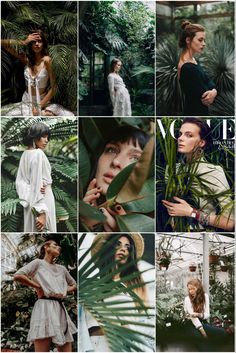 a collage of photos with women in white dresses and tropical plants, including palm trees