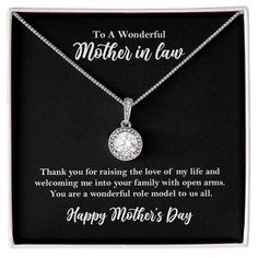 a mother's day necklace in a box with the message, to a wonderful mother in law