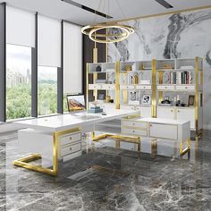 an office with marble flooring and gold trimmings on the desk, bookshelves, and shelves