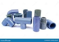 several different types of plastic pipes and fittings on a white background with blue text