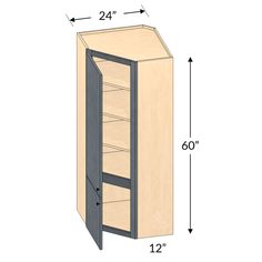 the measurements for an unfinished cabinet with drawers and shelves on each side, including one door open