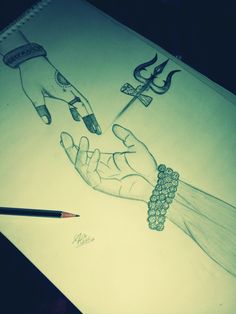 a drawing of two hands holding each other's hand with scissors in the background