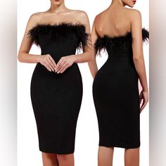 Black Bandage Strapless Feather Dress Size M New Without Tags Polyester 97.6%, Spandex 2.4% Elegant Strapless Mini Dress With Feathers, Fitted Strapless Dress With Feather Trim For Parties, Elegant Strapless Feathered Mini Dress, Fitted Strapless Dress With Feathers, Fitted Feathered Strapless Dress For Night Out, Fitted Strapless Dress With Feather Trim For Night Out, Black Strapless Dress With Feathers, Chic Feathered Club Dress, Feathered Club Dresses