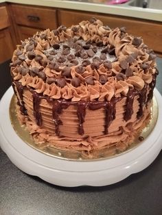 a cake with chocolate frosting and cookies on top sitting on a plate in the kitchen