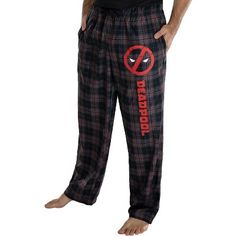 These are officially licensed Marvel Deadpool plaid pajama pants! Deadpool is known as the merc with a mouth and super healing abilities that we wish we all had. I mean the only superhero or should I say antihero that can regenerate body parts faster than any human. If you're a fan of Marvel Comics or Deadpool in general, you'll love these high-quality pajama pants! They feature the Deadpool logo and name down the left pant leg and a black, grey, and red plaid fabric design. Made of a cotton ble Mens Pyjama Bottoms, Deadpool Logo, Healing Abilities, Plaid Pajama, Mens Pajama Pants, Plaid Pajama Pants, Lounge Pajamas, Marvel Deadpool, Plaid Pajamas