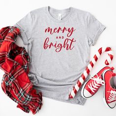 Merry and Bright Modern Red Women's Christmas T-Shirt Christmas Pajama Party, Black Grass, Mauve Blush, Merry Christmas Shirts, Xmas Shirts, Pajama Party, Red Ink, Christmas T Shirt, Christmas Pajamas