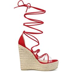 These platform lace-up sandals are the perfect addition to holiday parties. Wear it with jeans and a dress for a stylish look. Lace Up Sandals; Transparent Bands; Wedge Heel Sandals; Platform Sandals; Opened Toe; Lace-Up; Espadrille Wedges; Clear Cross Straps; Vamp: Faux Suede + TPU; Outsole: TPR; Heel: PVC; Heel Height: 5.3 inches (13.5 cm), Platform Height: 1.7 inches (4.5 cm). Elevate your body type and make you naturally look comfortable in your skin and body. Good options for parties, sweet Trendy Lace-up Platform Sandals, Summer Heels With Red Sole And Round Toe, Summer Lace-up Heels With Red Sole, Chic Lace-up Wedge Heel Sandals For Spring, Summer Party Lace-up Platform Sandals, Casual Platform Wedge Sandals For Party, Red Lace-up Party Sandals, High Heel Sandals With Red Sole For Spring, Spring High Heel Sandals With Red Sole