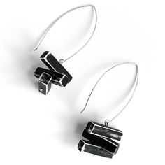 Silver Earrings - Evoking the beauty of weathered painted wood, these polymer clay earrings are playful and elegant. Three stacked black and white bars swing from a long leaf-shaped sterling silver wire. Artsy Black Earrings With Ear Wire, Everyday Black Oxidized Earrings, Artsy Black Drop Earrings, Black Artsy Drop Earrings, Handmade Black Contemporary Earrings, Contemporary Handmade Black Earrings, Artsy Black Dangle Earrings, White Bar, Artful Home