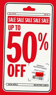 an up to 50 % off sale sign on a red and white background with the words,