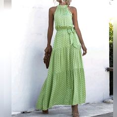 Chic Polka Dot Tiered Ruffle Halter Maxi Dress * Sleeveless * Gathered Halter Neckline * Tie Belt * Stretch High Waist * Keyhole Button Back Neck * Tiered A Line Maxi Skirt *Approximate Unstretched Measurements* Small (4) * Bust 39.75" * Waist 25.25" (Up To 28") * Length 55.5" Medium (6) * Bust 41.25" * Waist 26.75" (Up To 30") * Length 56.25" Large (8/10) * Bust 43.5" * Waist 29" (Up To 33") * Length 57" Xl (12) * Bust 46" * Waist 31.5" (Up To 35") * Length 58" * Large In Stock* All Other Sizes Halter Tie Dress, Polka Dot Maxi Dresses, Floral Halter Dress, Maxi Sundress, Neckline Dress, Tie Waist Dress, Polka Dress, Necklines For Dresses, Halterneck Dress