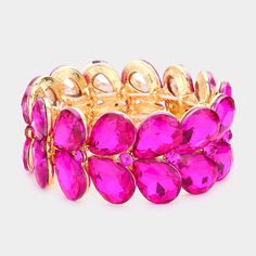 Fuchsia Teardrop Stone Stretch Pageant Bracelet | Hot Pink Bracelet Hot Pink Bracelet, Hot Pink Bracelets, Gold Rhinestone Earrings, Pageant Earrings, Bridal Statement Earrings, Formal Earrings, Black Hoops Earrings, Pink Emerald, Statement Hoop Earrings