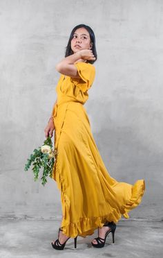 Yellow Bridesmaid Dresses Yellow color wrap dress Maxi Wrap | Etsy Flowy Yellow Dress With Ruffle Hem, Short Sleeve Ruffled Maxi Dress For Bridesmaids, Bridesmaid Dress With Ruffles And Surplice Neckline, Flowy Wrap Brunch Dress, Short Sleeve Maxi Dress With Ruffles For Bridesmaid, Flowy Bridesmaid Dress With Ruffle Hem, Ruffled Wrap Dresses For Brunch, Ruffle Wrap Dress For Brunch, Wrap Dresses With Ruffles For Brunch