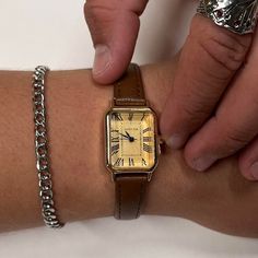 2000s Vintage Style Rectangular Gold Luxury Watch With Leather Band Works And Time Can Be Changed These Watches Are Unisex :)! Easily Adjustable Band Brand New Shipping:$5 @ Brown Watches Women, Accessories 2000s, Vintage Cartier Watch, Watches Women Simple, Vintage Gold Watch, Pretty Watches, Vintage Watches Women, Brown Watches, Brown Leather Watch