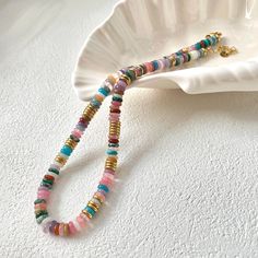 Handmade Tropical Rainbow Gemstone Beaded Necklace, beaded from a blend of colourful natural stones, completed with an 18k gold-plated steel closure. Perfect for adding a boho vintage touch to any outfit, whether you wear it alone or layering with any other pendant necklace, this necklace is ideal for summer vibes and everyday wear. **Please note that this is a made-to-order necklace that may require up to 10 working days before dispatch. Returns or exchanges are not accepted.** MATERIALS: Natur Choker Necklace Handmade, Stone Bead Jewelry, Rainbow Gemstones, Gemstone Beaded Necklace, Necklace Beaded, Beaded Choker Necklace, Jewelry Boho, Boho Vintage, Beaded Choker