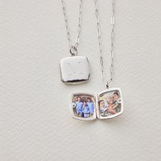 Our new, timeless square locket necklace is an elegant way for you to carry a piece of your heart around your neck. Hold pictures of your loved ones or a memento that is special to you. Engrave an initial on the front and up to 3 names on the back. available in gold vermeil and sterling silver lockets are engraved using diamond drag technology opens with space inside for 2 pictures, which fit easily inside the locket. See our guide for adding photos to your locket hangs on adjustable length pape Sterling Silver Necklace For Anniversary Gift, Rectangular Sterling Silver Necklace For Anniversary Gift, Anniversary Box Chain Necklace With Square Pendant, Anniversary Necklace With Square Pendant And Box Chain, Customizable Sterling Silver Necklace With Rectangular Pendant, Initial Pendant Locket Necklace With Chain As Gift, Personalized Square Jewelry As A Gift, Personalized Square Jewelry For Gifts, Silver Rectangular Pendant Necklace For Anniversary