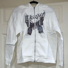 Butterfly Design On Front Of Jacket White Color Long Sleeves Two Front Pockets Full Front Zip Closer Adjustable Drawstring Hoodie Size Xxl Never Worn, Nwot Y2k Letter Print Hoodie Outerwear, Y2k Cotton Outerwear For Streetwear, White Y2k Streetwear Outerwear, White Y2k Outerwear For Streetwear, White Y2k Style Streetwear Outerwear, Y2k Style Long Sleeve Outerwear With Letter Print, White Zippered Hoodie Sweatshirt, Y2k Streetwear Hooded Outerwear, Y2k Hooded Streetwear Outerwear