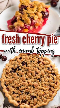 fresh cherry pie with crumb topping on top and the title overlay reads fresh cherry pie with crumb topping