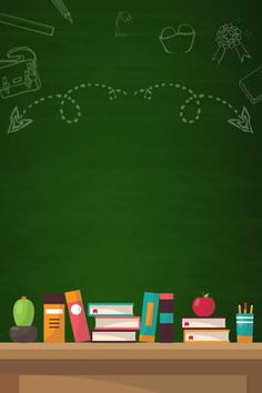 an apple, books and pencils on a desk in front of a chalkboard