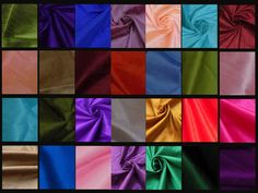 multiple colors of satin fabric in different sizes and shapes, including red, blue, green, yellow, purple, pink, orange