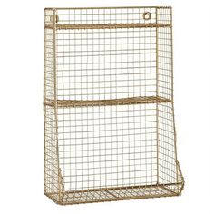 a metal wire shelf with two shelves on each side and the top half closed up