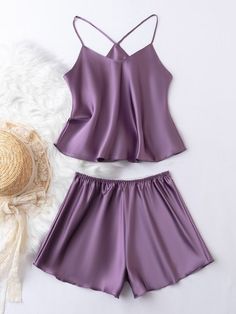 Free Returns ✓ Free Shipping✓. Satin Cami Top With Shorts PJ Set / Pajama Set- Women Pajama Sets at SHEIN. Short Nighty Night Dress, Nighty Night Dress, Kendall Jenner Outfits Casual, Women Nightwear Dresses, Purple Pajamas, Pijamas Women, Satin Pjs, Nightwear Dress, Top With Shorts