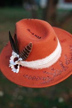 Custom burnt cowgirl or cowboy hat. Rustic Hats For Rodeo, Rustic Rodeo Hat, Southern Style Fedora For Western-themed Events, Vintage Hats For Outdoor Fall Use, Vintage Outdoor Hat For Fall, Country Style Hat For Country Concerts, Vintage Fall Hat For Outdoor, Country Style Fedora For Kentucky Derby Festival, Brown Top Hat For Kentucky Derby And Country Events