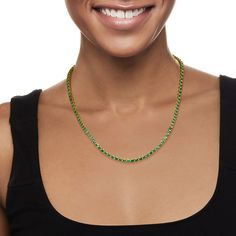 Ross-Simons - 15.00ct t. w. Emerald, .81ct t. w. Diamond Tennis Necklace Over Sterling. 18". With its verdant color and traditional appeal, this 15.00 ct. t. w. square emerald tennis necklace is an absolutely stunning piece for any fine collection, but especially one of a May baby. For added opulence, .81 ct. t. w. diamond rounds sparkle from either side of the vibrant emerald gems. Set in polished 18kt yellow gold over sterling silver. Includes a 2" extender. Lobster clasp, diamond and emerald Formal Green Gemstone Diamond Necklace, Fine Jewelry Green Diamond Cut Necklaces, Fine Jewelry Green Diamond Necklace For Anniversary, Fine Jewelry Green Necklace With Diamond Accents, Luxury Green Diamond Necklace For May Birthstone, Green Diamond Necklace For Formal Events, Fine Jewelry Green Necklaces With Diamond Accents, Formal Green Diamond Necklace For May Birthstone, Green Diamond Necklace In Fine Jewelry Style