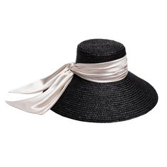 Black lacquered straw UPF 50+ protection wide-brim sunhat with ivory shiny satin ruched band and tails. UPF 50+ protection. CROWN: 4" / BRIM: 6.25" One Size. Eugenia Kim Web Exclusive. SKU: 21015-02124WE Classic Updo, Eugenia Kim, Wide Brimmed, Upf 50, Sun Hats, Straw, Crown, Satin, Band