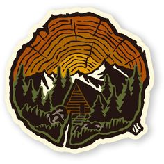 a sticker depicting a cabin in the woods with mountains and trees around it, on a white background