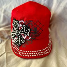 These Hats Are New From Mfg. Beautiful Bling And Stich Work. Each One Has An Adjustable Velcro Back. Color Is Red. Casual Rhinestone Hat, One Size Fits Most, Casual Rhinestone Hat, One Size, Red Fitted Snapback Hat, Casual Rhinestone Hat One Size Fits Most, Red Fitted Trendy Hat, Casual Rhinestone Hat, Trendy Fitted Red Hat, Casual Rhinestone Snapback Hat, Y2k Makeup