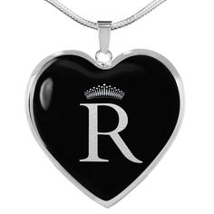 "Crowned R Initial Heart-Shaped Pendant Necklace Purchase this Luxury Chain Necklace with Heart-Shaped Pendant and we Guarantee it Will Exceed Your Highest Expectations.  Its high quality and eye-catching design will attract a ton of compliments! Made of high quality surgical steel with a shatterproof liquid glass coating. Hand-made in the U.S.A. Perfect Keepsake! Whether for Yourself or a Loved One. Engraving option available.  Engrave onto the back of the pendant your loved one's name, your we Heart-shaped Stainless Steel Jewelry, Personalized Black Metal Necklaces, Elegant Black Personalized Necklace, Silver Necklace With Initial Pendant And Heart Charm, Silver Metal Initial Necklaces, Silver Initial Metal Necklaces, Silver Initials Metal Necklace, Silver Metal Necklaces With Initials, Elegant Metal Necklaces For Personalized Gifts