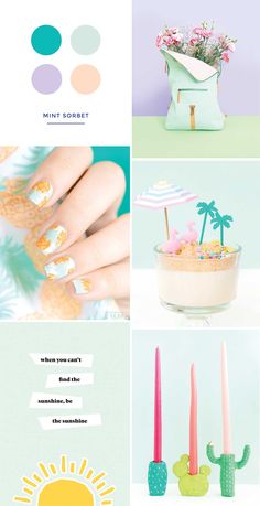 the different nail polish colors are shown in this collage with cactuses, flowers and candles