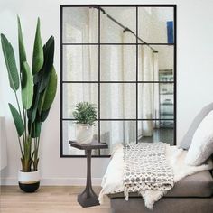 a living room filled with furniture and a large mirror on the wall next to a potted plant