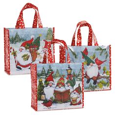 three christmas shopping bags with santa and snowmen on them